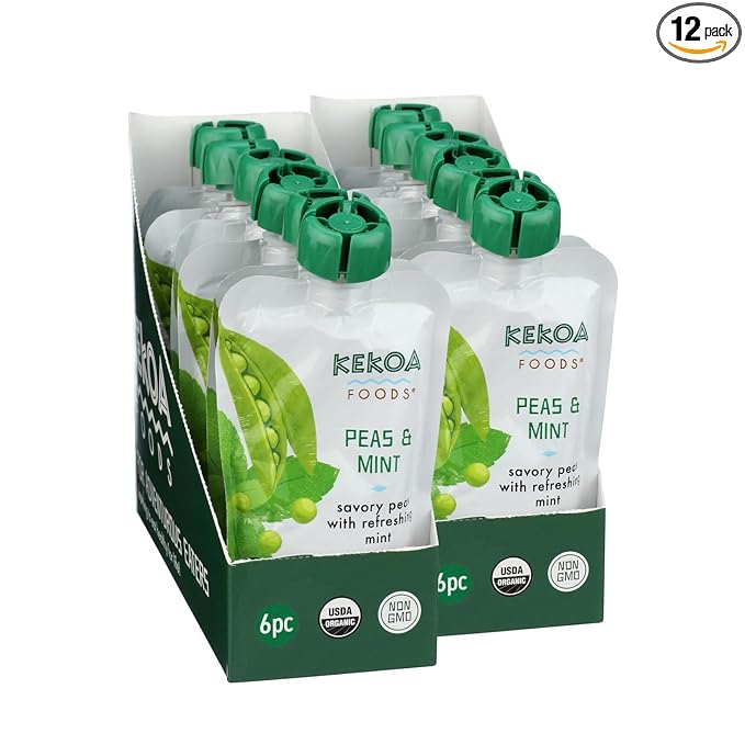 Kekoa Foods Peas & Mint Baby Food Purée | 100% USDA Certified-Organic Vegetarian Squeeze Pouch | Organic, Non-GMO, Gluten-Free, Vegan | Fiber & Protein Boosting First Food for Babies | 3.5 oz