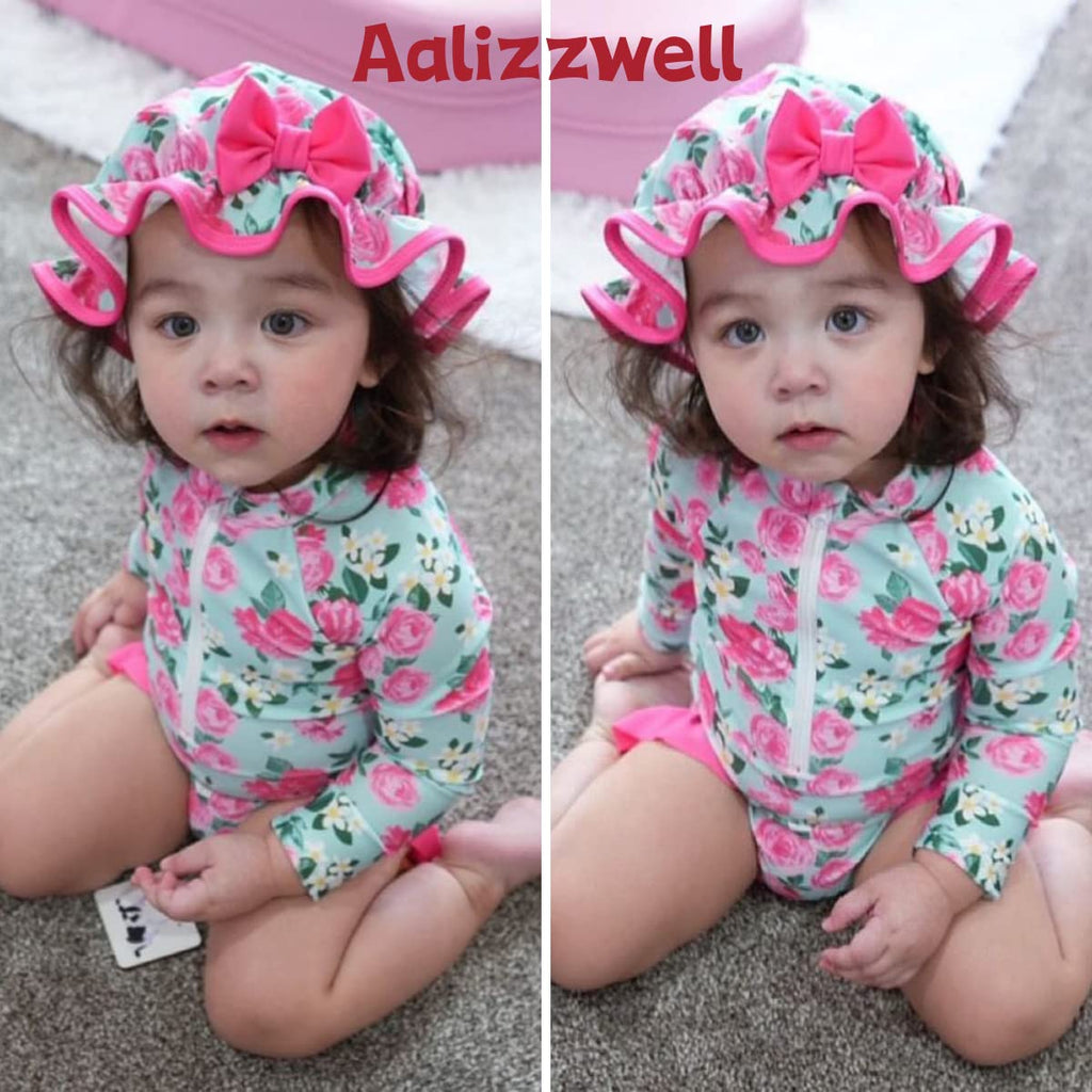 Toddler Baby Girls One Piece Long Sleeve Swimsuit Floral Bathing Suit Zip Up Swimwear Beach Wear 12-18 Months Flower