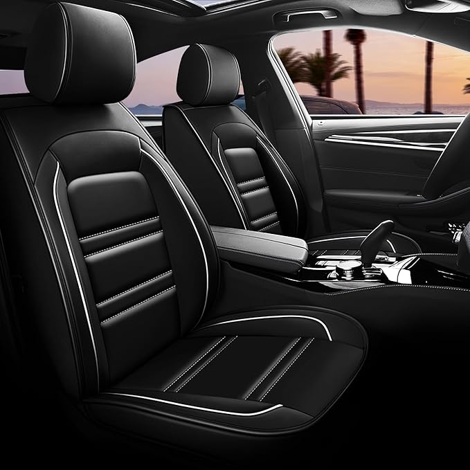 PACKMACH Seat Covers for Hyundai Car Elantra 2001-2025 | 5-Seats Leather Seat Covers, Easy to Install Automotive Seat Covers Full Set (Full Set, Black&White Line)