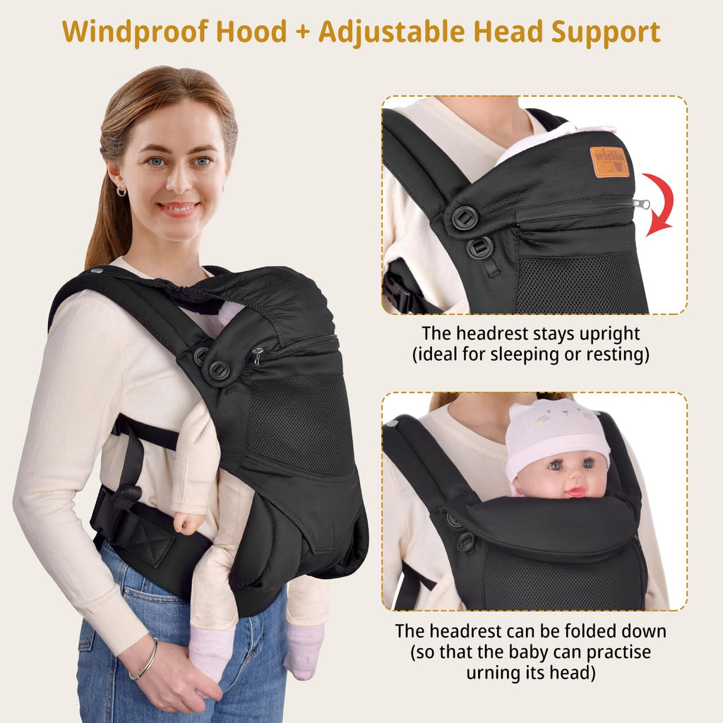 vrbabies Baby Carrier Newborn to Toddler, Ergonomic Safe Soft Breathable Infant Carrier with Adjustable Head Neck Support - Outdoor Kangaroo Front & Back Carry Baby Carriers for Baby 8-40lbs (Black)