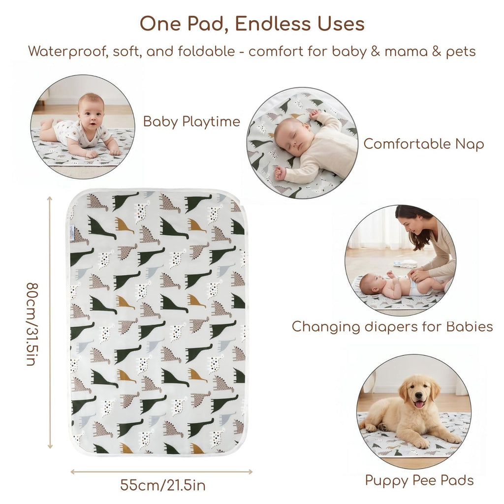 Baby Diaper Changing Pad, 21 5/8" x 31.5" Waterproof Changing Pad Liners - Reusable Soft and Absorbent Portable Changing Mat(Cute Dinosaur1PCS)