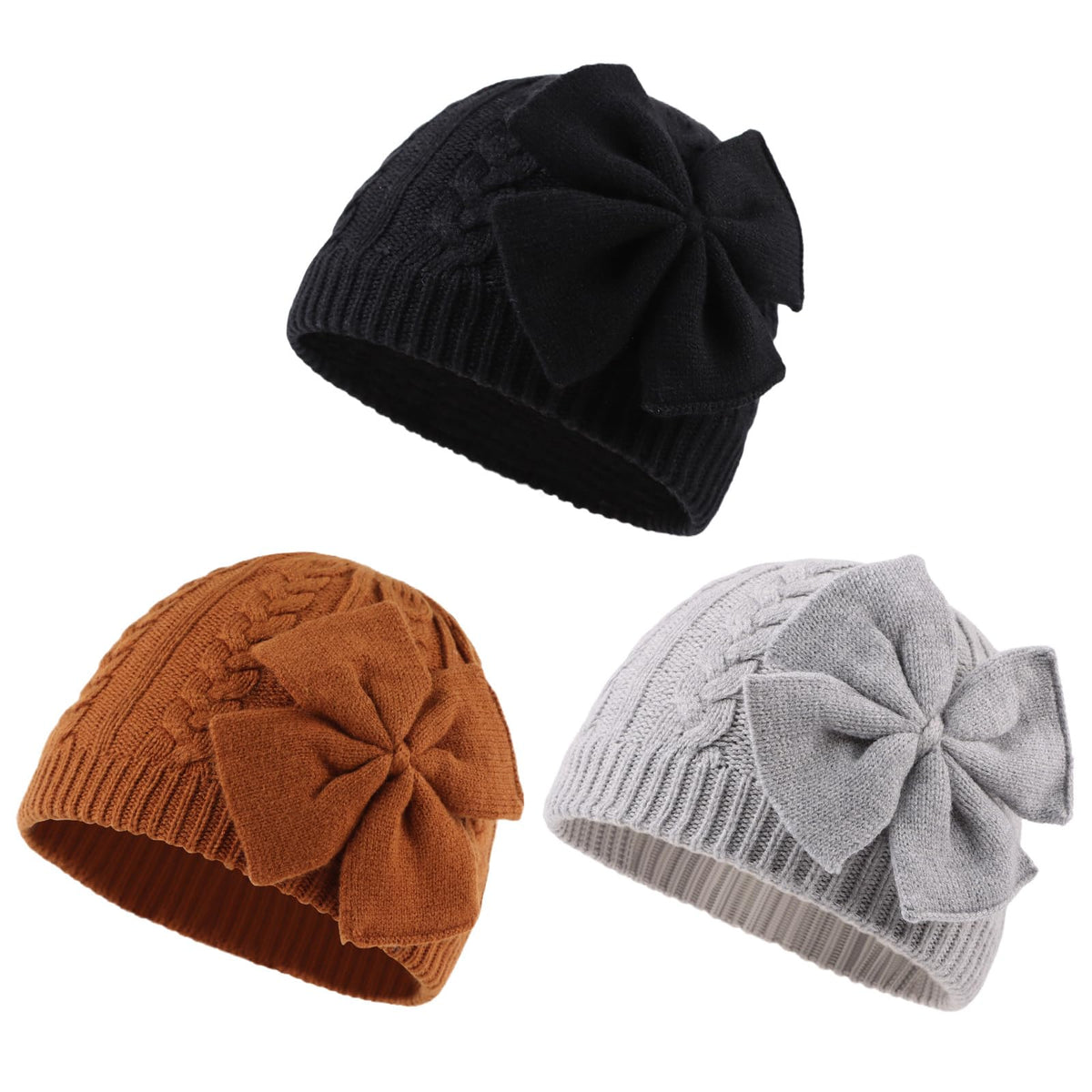 JANGANNSA Winter Warm Knitted Baby Hat for Girls Cotton Lined Infant Toddler Hat Autumn Cute Bow Classic Girls Beanie 0-6Y (Black+Gray+Caramel,S)