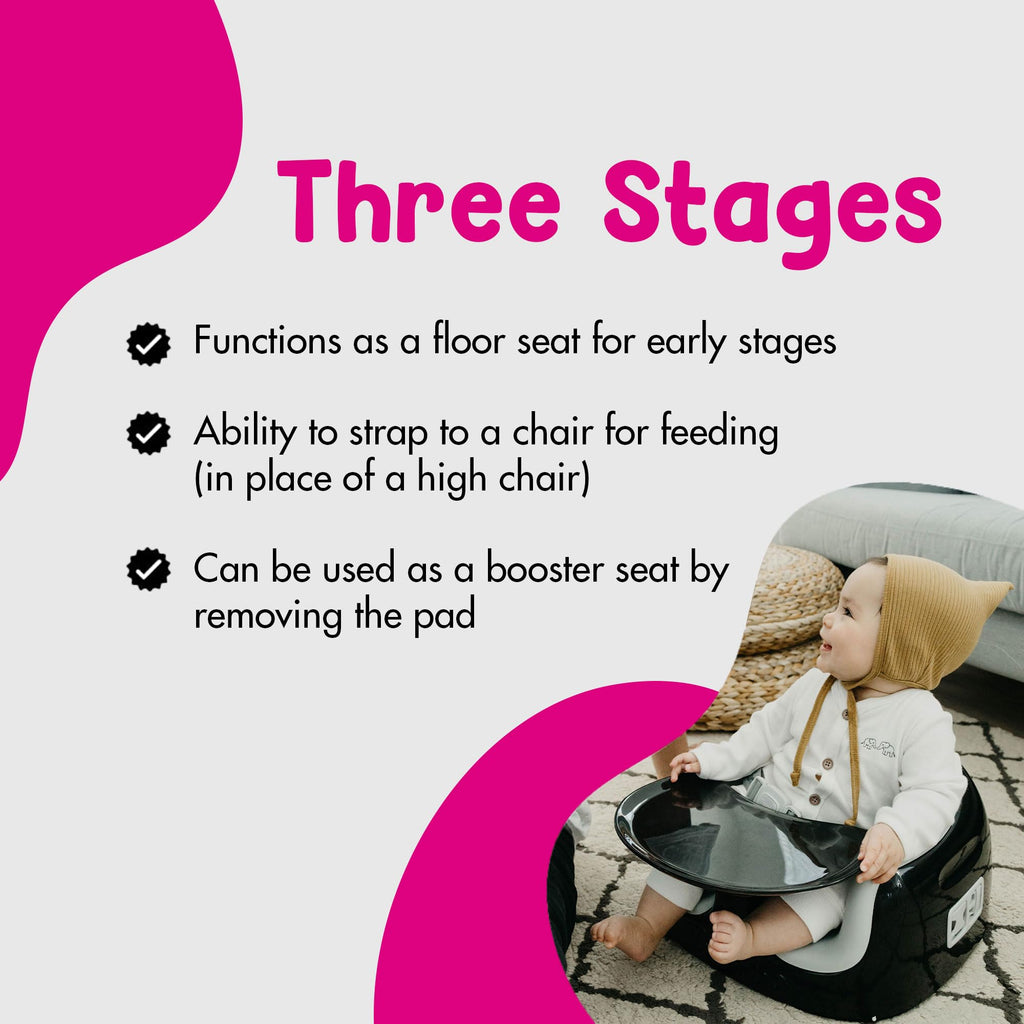 Bumbo 2 Pack 3-in-1 Multi-Seat for 6 to 36 Months, Travel Baby Feeding and Play Floor Seat, All-in-One Portable Booster with Tray & Toddler High Chair, Black/Monsoon