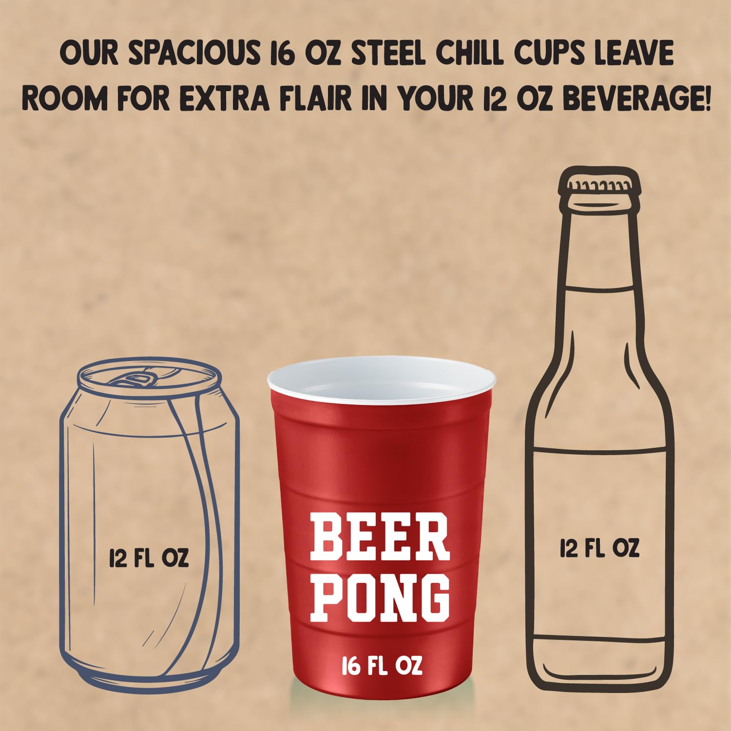 Steel Chill Cups 16 oz. Durable & Reusable Party Cups, Beer Pong, 12 Count