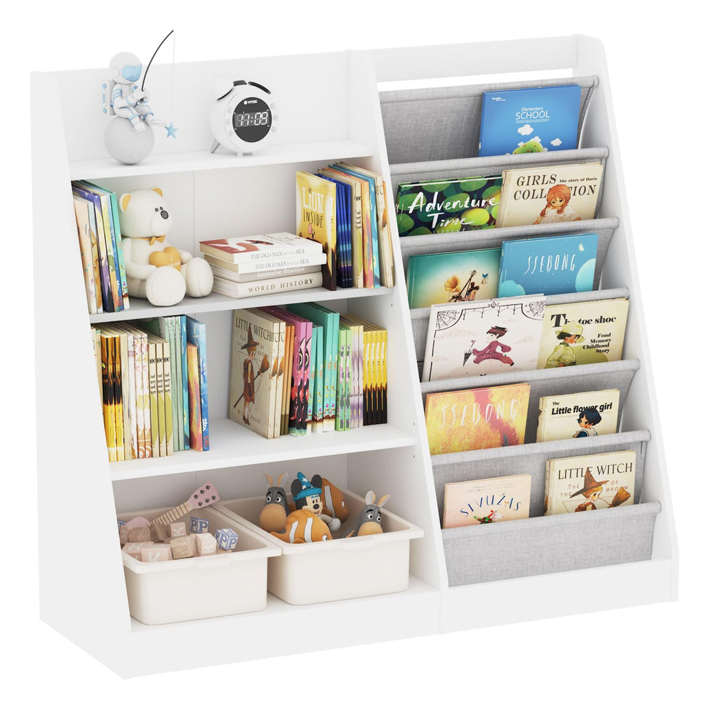 HedoAjim White Kids Bookshelf Wood Toy Storage Organizer Cabinet Children Bookcase Toddler Baby Sling Book Rack Adjustable Shelf for Playroom Bedroom Nursery Hallway School Kindergarten