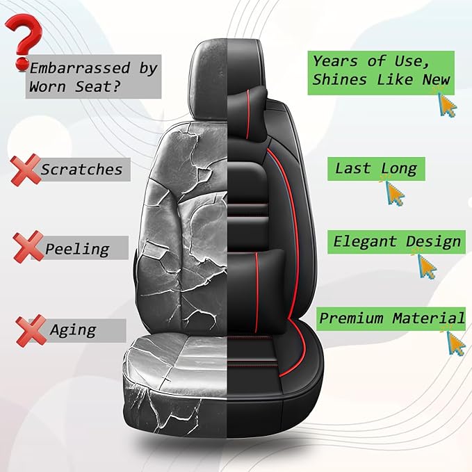 Car Seat Covers for Chevy Silverado 1500 2007-2025 | 5-Seats Seat Covers, Waterproof Seat Protectors, Automotive Seat Covers (Full Set with Pillow,Black&Red Line)