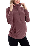 GINKANA Maternity Pullover Shirt Maternity Zipper Shirts Lapel Long Sleeve Casual Lightweight Pregnancy Tops with Pockets,Burgundy,XL