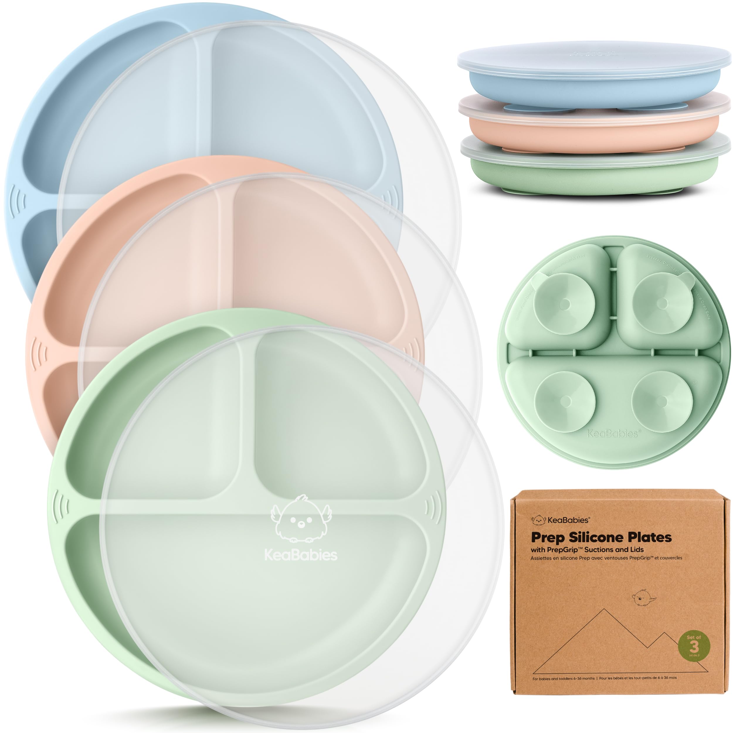 KeaBabies Suction Plates with Lids for Baby, 3-Pack, 100% Silicone (Mellow)