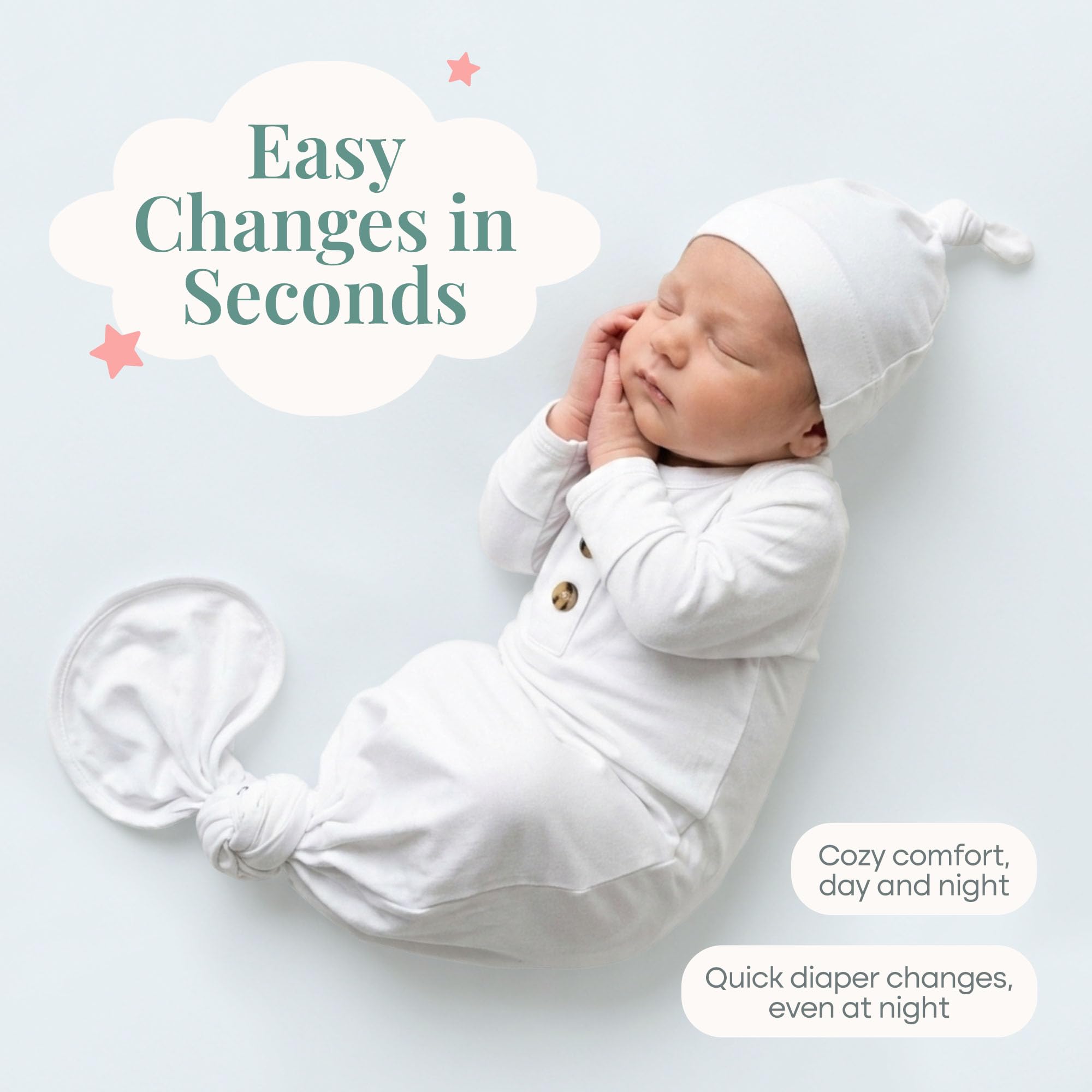 Caden Lane Newborn Knotted Gown with Hat, Soft Bamboo Viscose Baby Sack, Unisex Infant Breathable Night gown