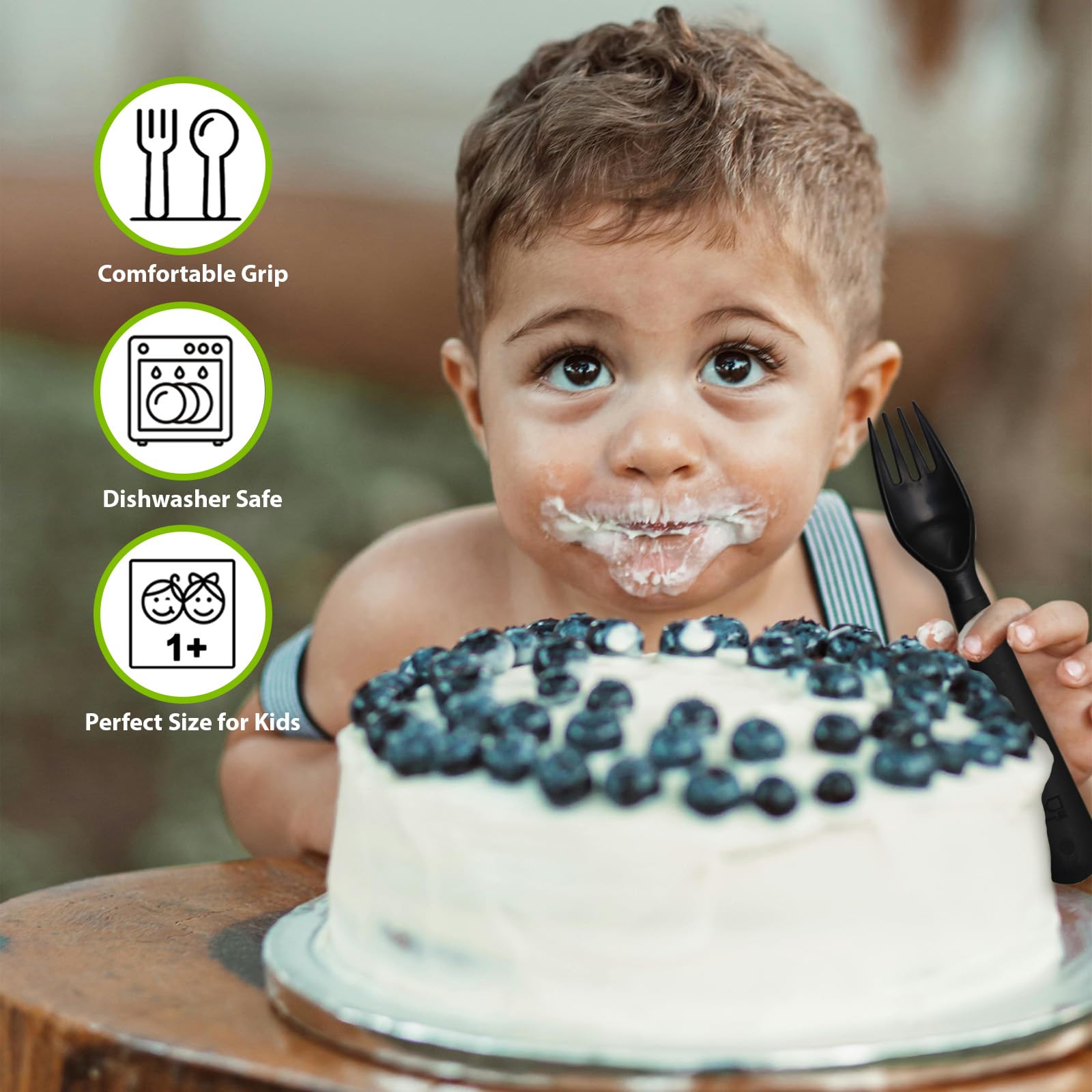 Muulaii 12 Pcs Kids Forks and Spoons, Plastic Kids Utensils Set, Black