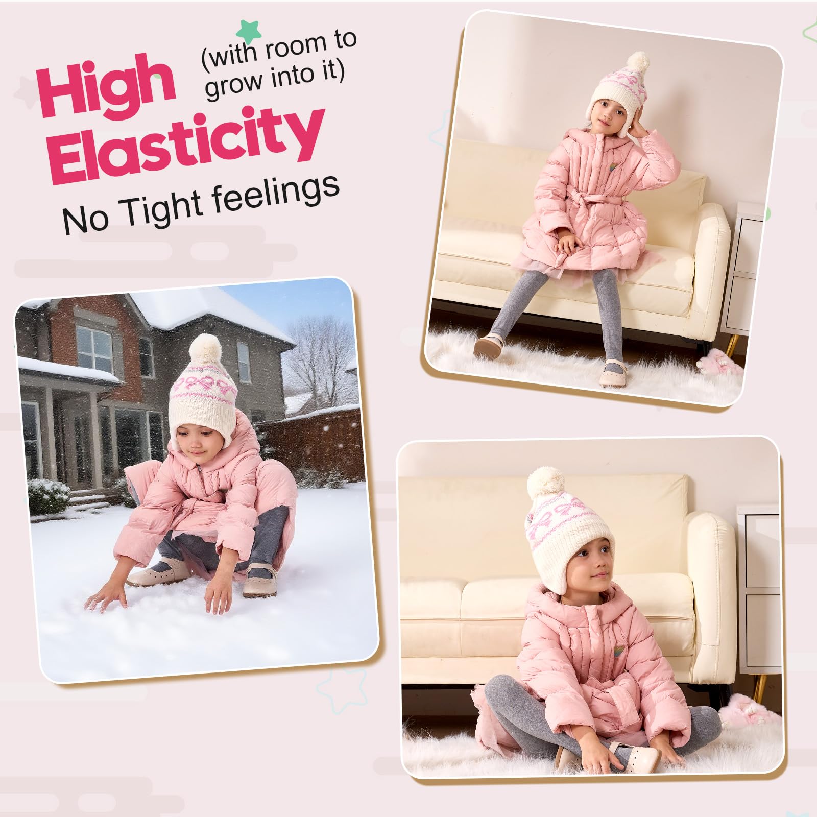 Moon Kitty Baby Girls Hat with Ear Flaps Toddler Beanies Baby Boys Girls Beanies Kids Winter Hats Soft Acrylic Knit & Fleece Lined Caps Beige