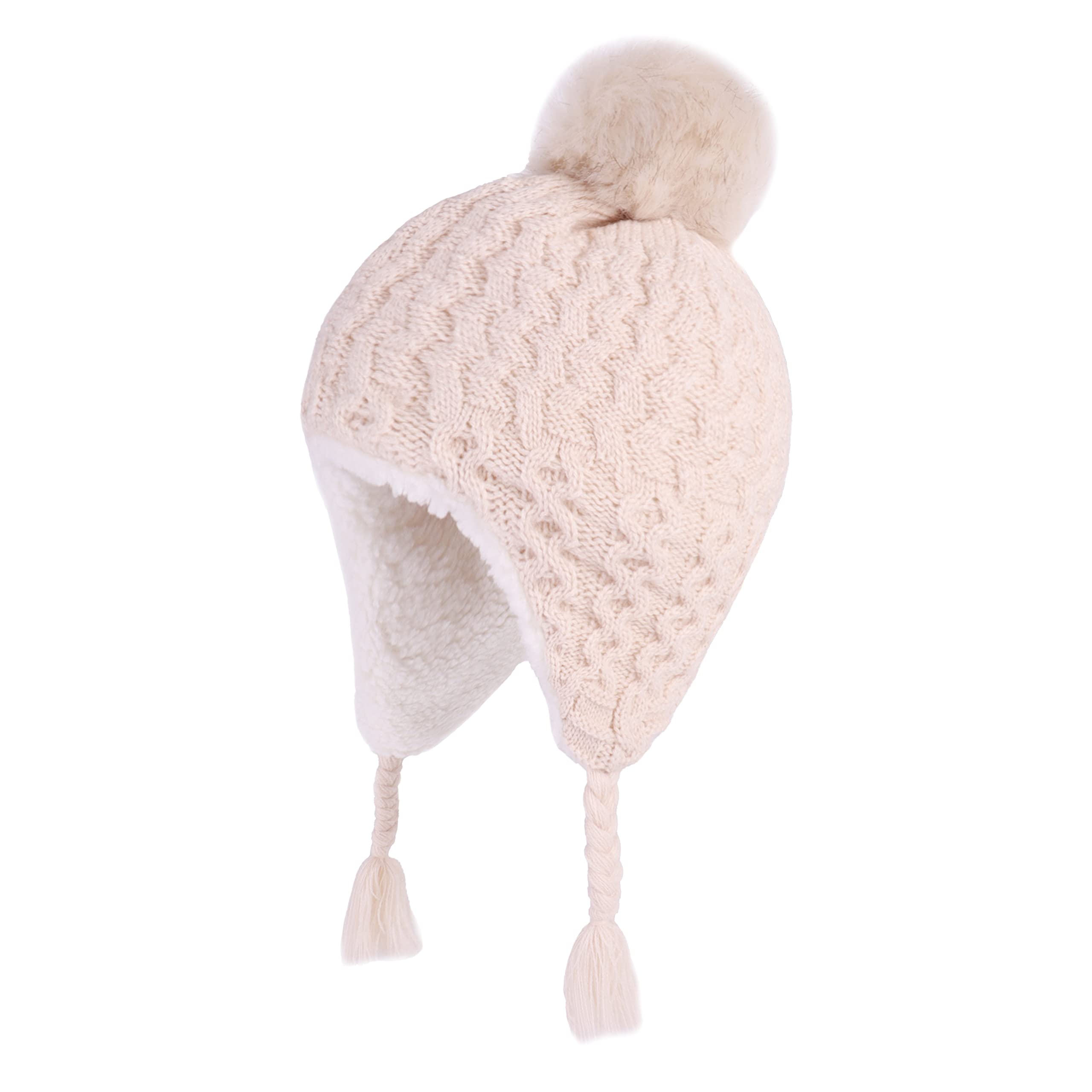 LANGZHEN Toddler Kids Winter Hat,Earflap Knit Warm Cap Fleece Lined Beanie for Baby Girls(Peach+Beige,6-12 Months)
