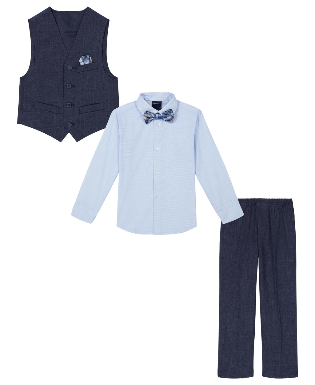 Nautica 4-Piece Formal Suit Set, Vest, Pants, Collared Dress Shirt, and Tie, Tanzanite Blue, 2T