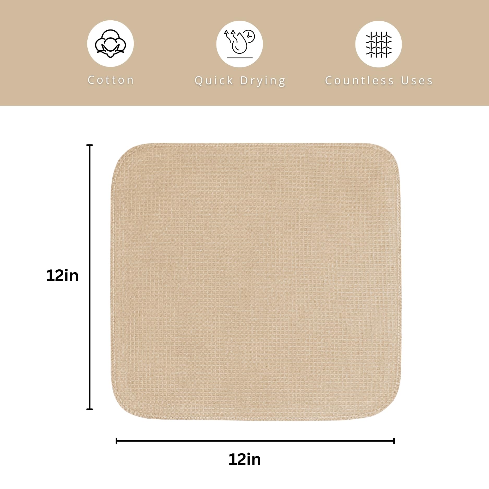 PurpleEssences Dish Cloths and Dish Rags - 6 Pack Waffle Weave Solid Kitchen Dish Wash Cloths, 100% Cotton, 12x12 Inches, Ultra Soft Absorbent Quick Drying - Spring Easter Summer - Beige