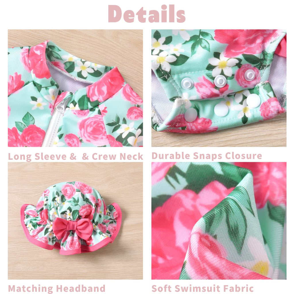 Toddler Baby Girls One Piece Long Sleeve Swimsuit Floral Bathing Suit Zip Up Swimwear Beach Wear 12-18 Months Flower