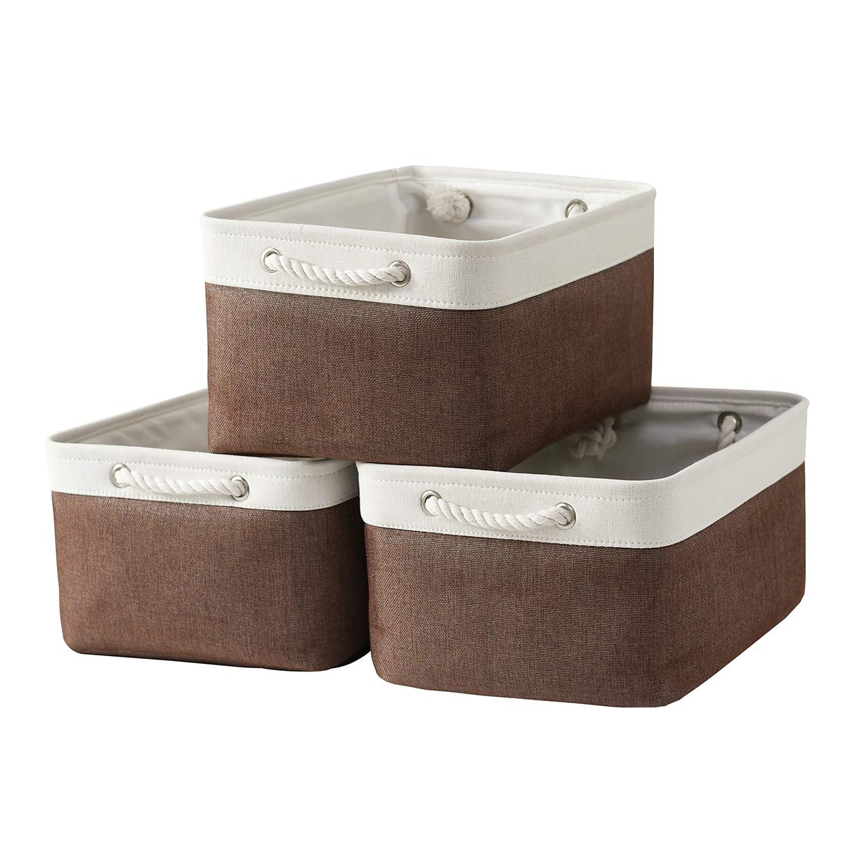 Sacyic Large Storage Baskets for Shelves, Fabric Baskets for Organizing, Collapsible Storage Bins for Closet, Nursery, Clothes, Home & Office [3-Pack, White&Brown]