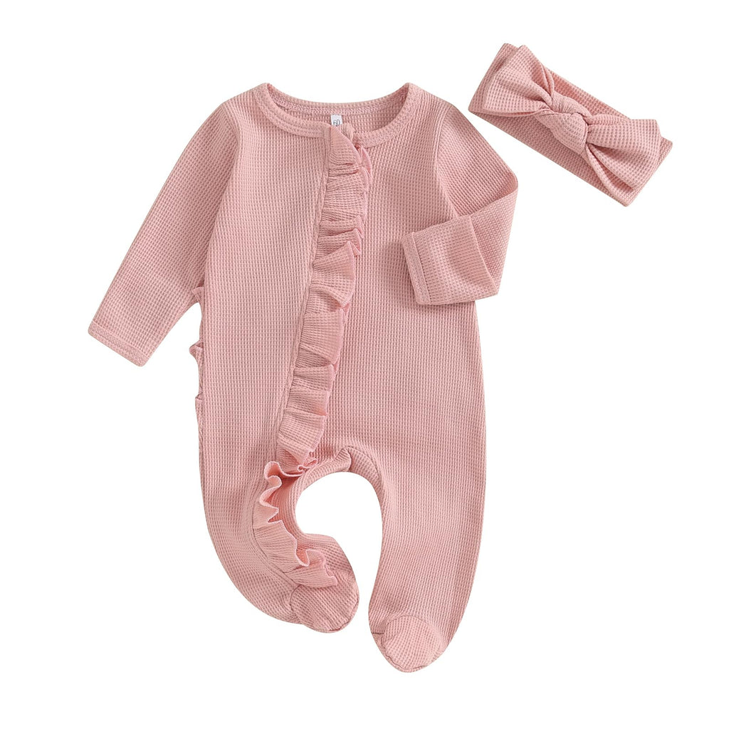CIYCUIT Baby Girls Clothes Newborn Long Sleeve Zip Up Onesie Romper with Headband Fall Winter Outfits Pink 6-12 Months