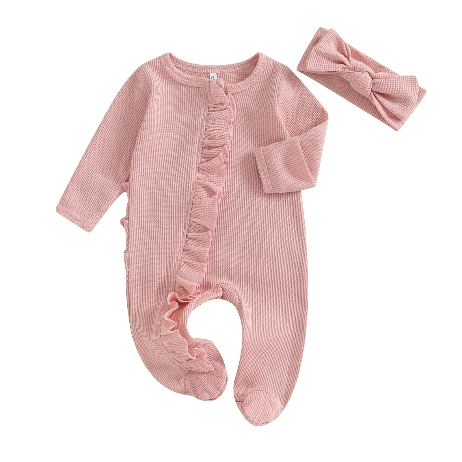 CIYCUIT Baby Girls Clothes Newborn Long Sleeve Zip Up Onesie Romper with Headband Fall Winter Outfits Pink 6-12 Months