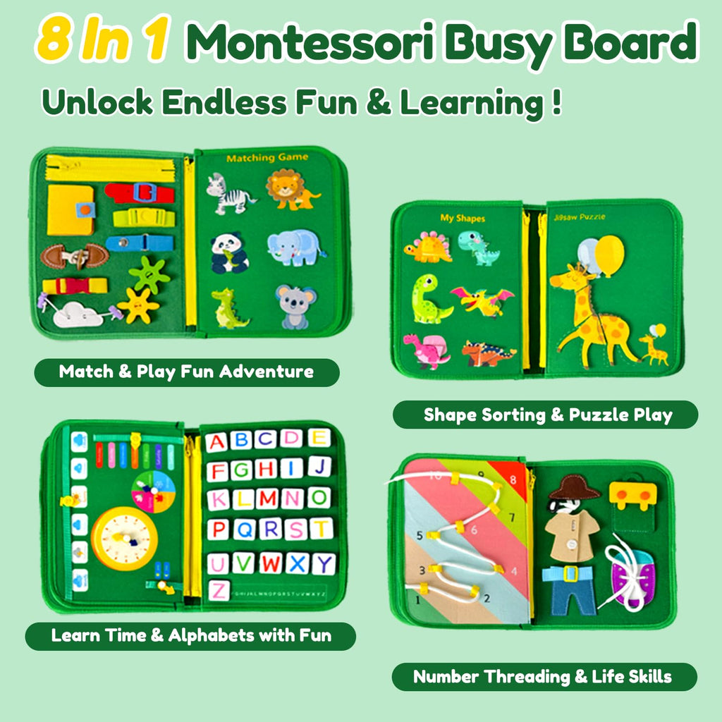 Qizfun Toddler Busy Board Montessori Toys – Sensory Busy Book, Educational Learning Travel Toy for Airplane & Car, Keeps Toddlers Engaged, Birthday Gifts for Toddler Boys Girls