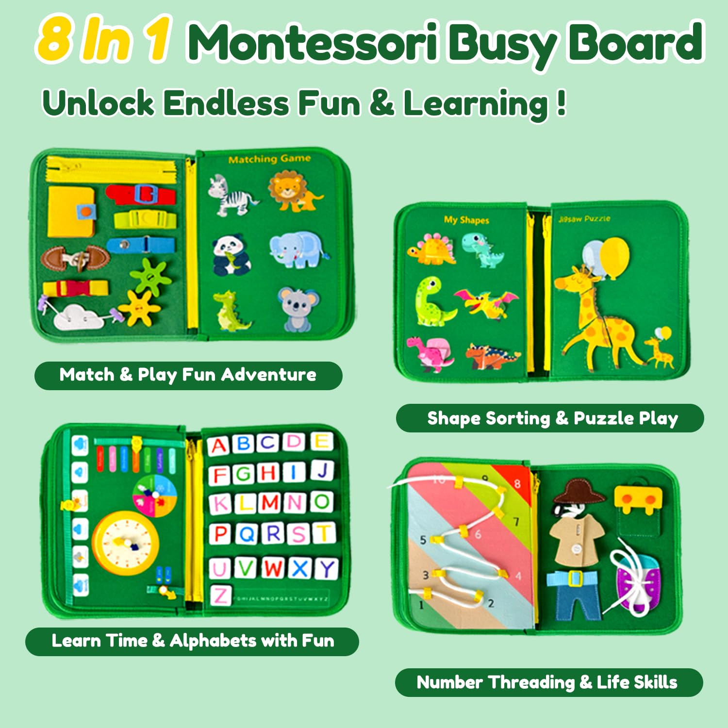 Qizfun Toddler Busy Board Montessori Toys – Sensory Busy Book, Educational Learning Travel Toy for Airplane & Car, Keeps Toddlers Engaged, Birthday Gifts for Toddler Boys Girls