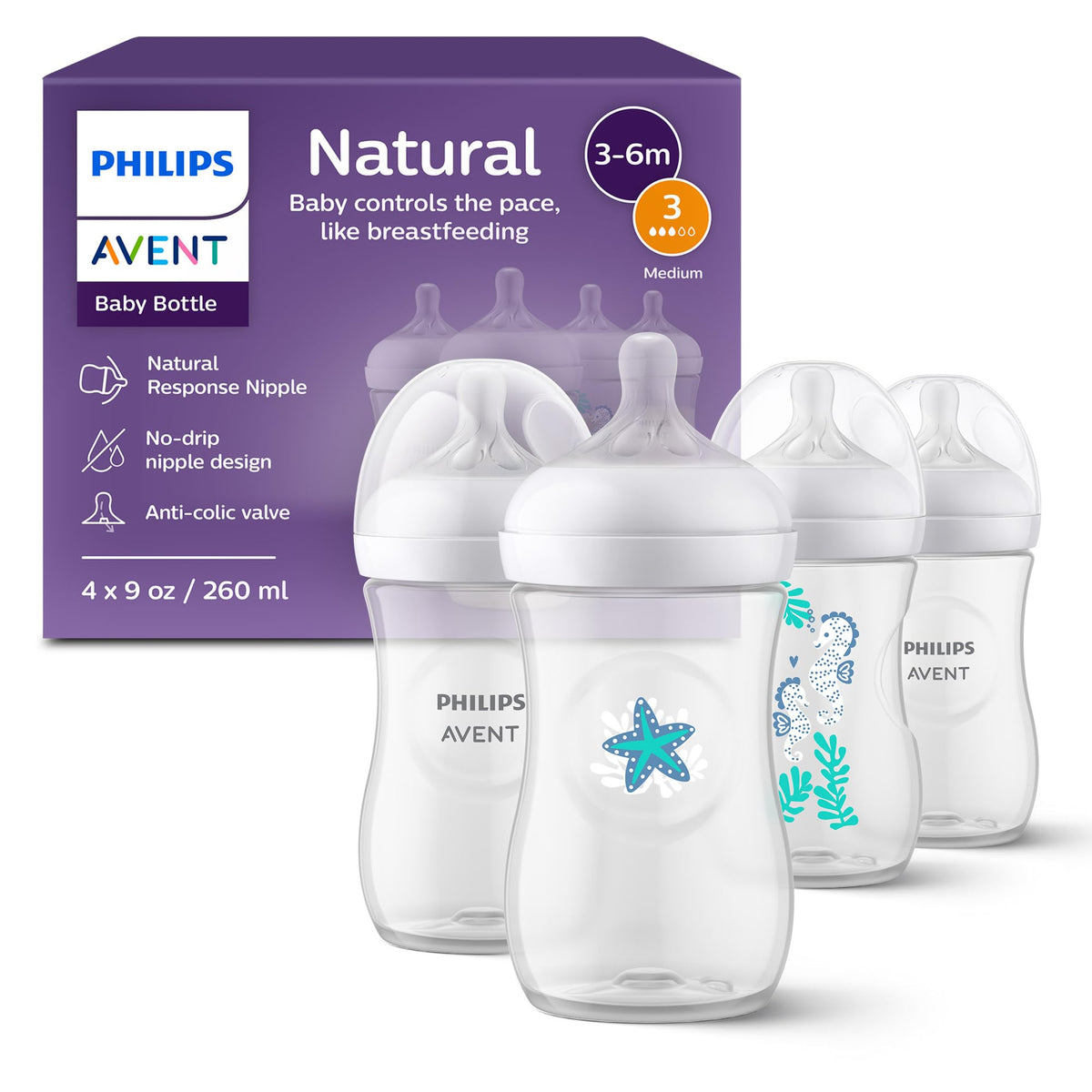 Philips Avent Natural Baby Bottles, Fast Flow, 11 oz, BPA-Free, 4-Pack