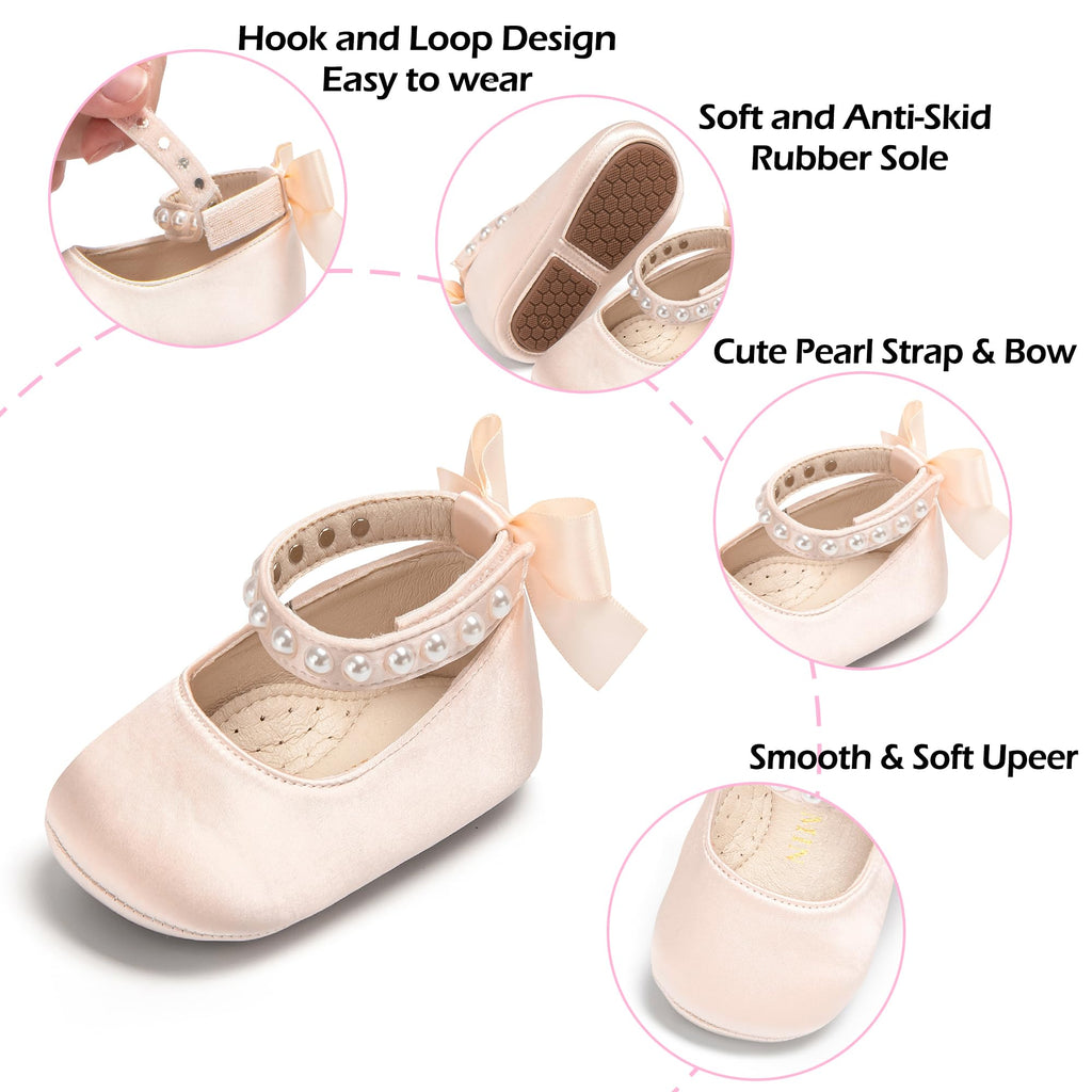 PHIRAMIN Baby Girls Peach Mary Jane Flats - Infant 6-9 Months Walking Shoes Soft Rubber Sole Princess Wedding