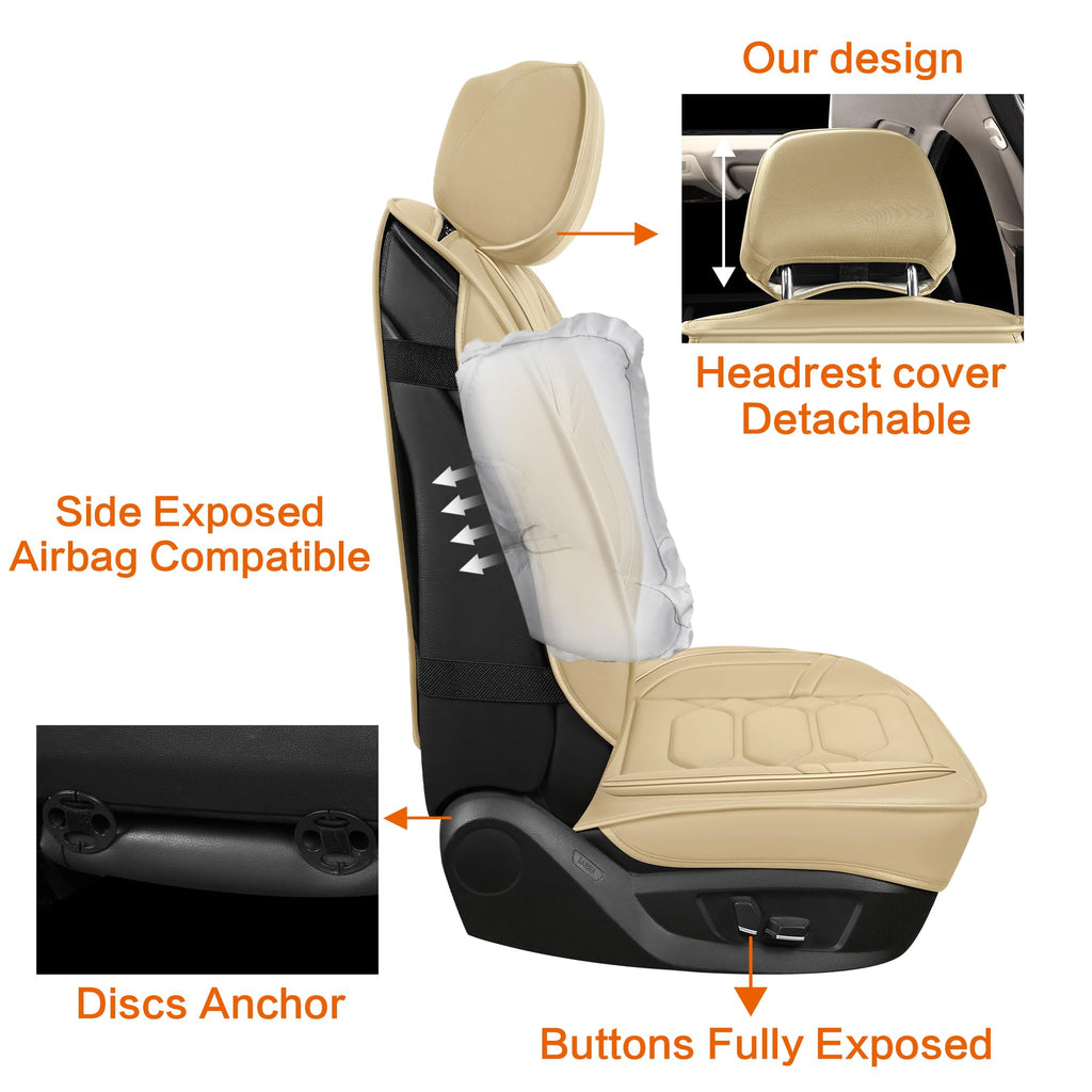 Pariitadin Leather Car Seat Covers Full Set, Waterproof Breathable Faux Leather Automotive Seat Covers for Cars, Non-Slip Car Interior Covers Universal Fit Most Cars Sedans Trucks SUVs, Beige