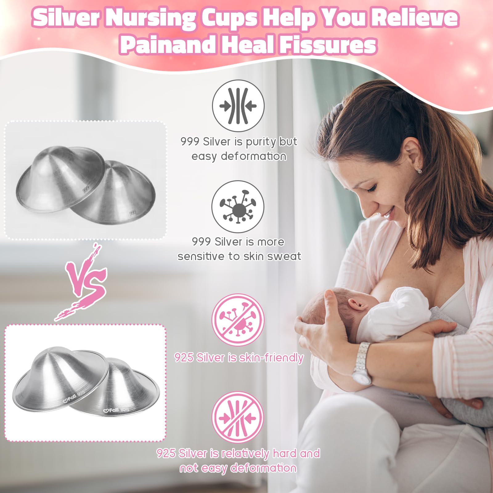 The Original Silver Nursing Cups, Nipple Covers for Breastfeeding Essentials, Nipple Shields for Nursing Newborn, 925 Silver Nipple Guards for Sore Nipple Relief, Newborn Essentials Must Haves-Regular