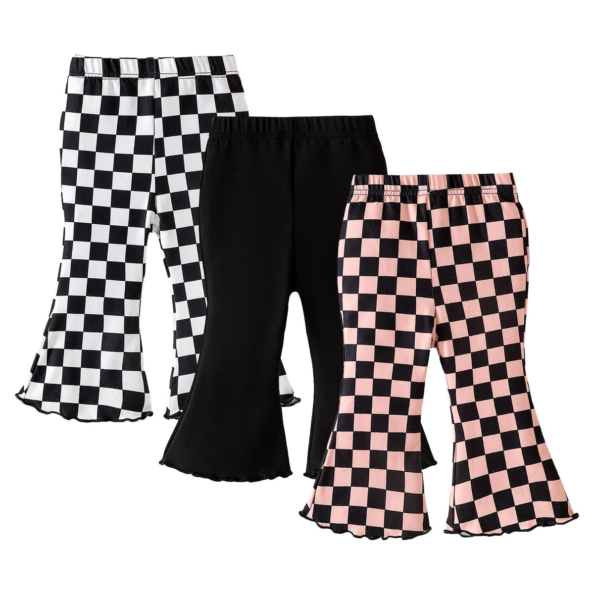 SOBOWO Checkered Baby Girl Flare Pants 3 Pack Toddler Bell Bottoms Plaid Ruffle Leggings Pants Fall Winter Outfits Size 6M-4T(12-18 Months, Black&White Plaid/Black/Black&Pink Plaid)