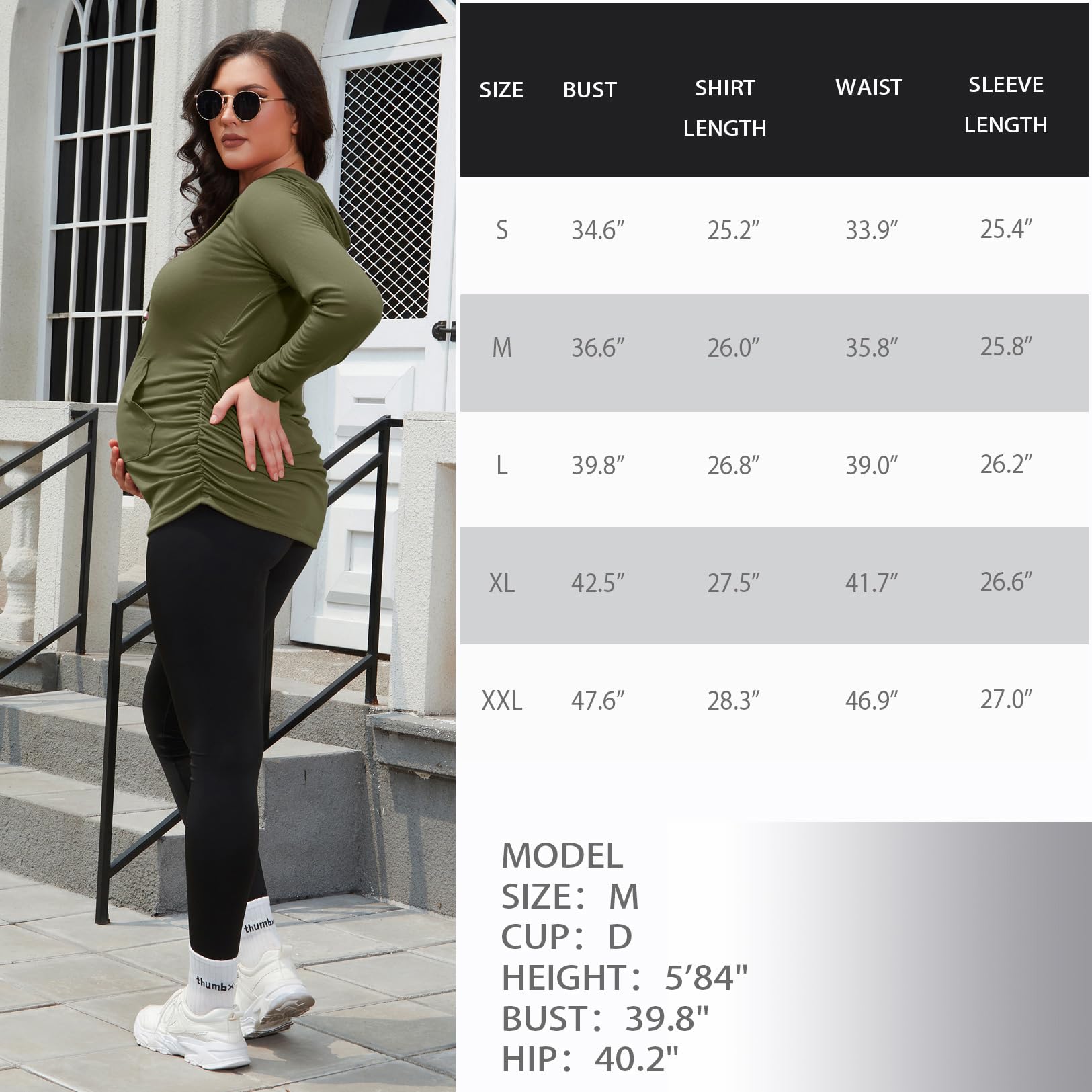 GINKANA Womens Maternity Hoodie Top Sweatshirt Long Sleeve Pregnancy Tunic Top,Olive Green,Large