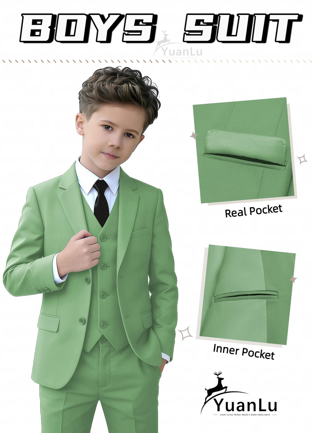 YuanLu Kids Tuxedo Sage Green Boys Slim Fit Outfit Toddler Suit Size 5T