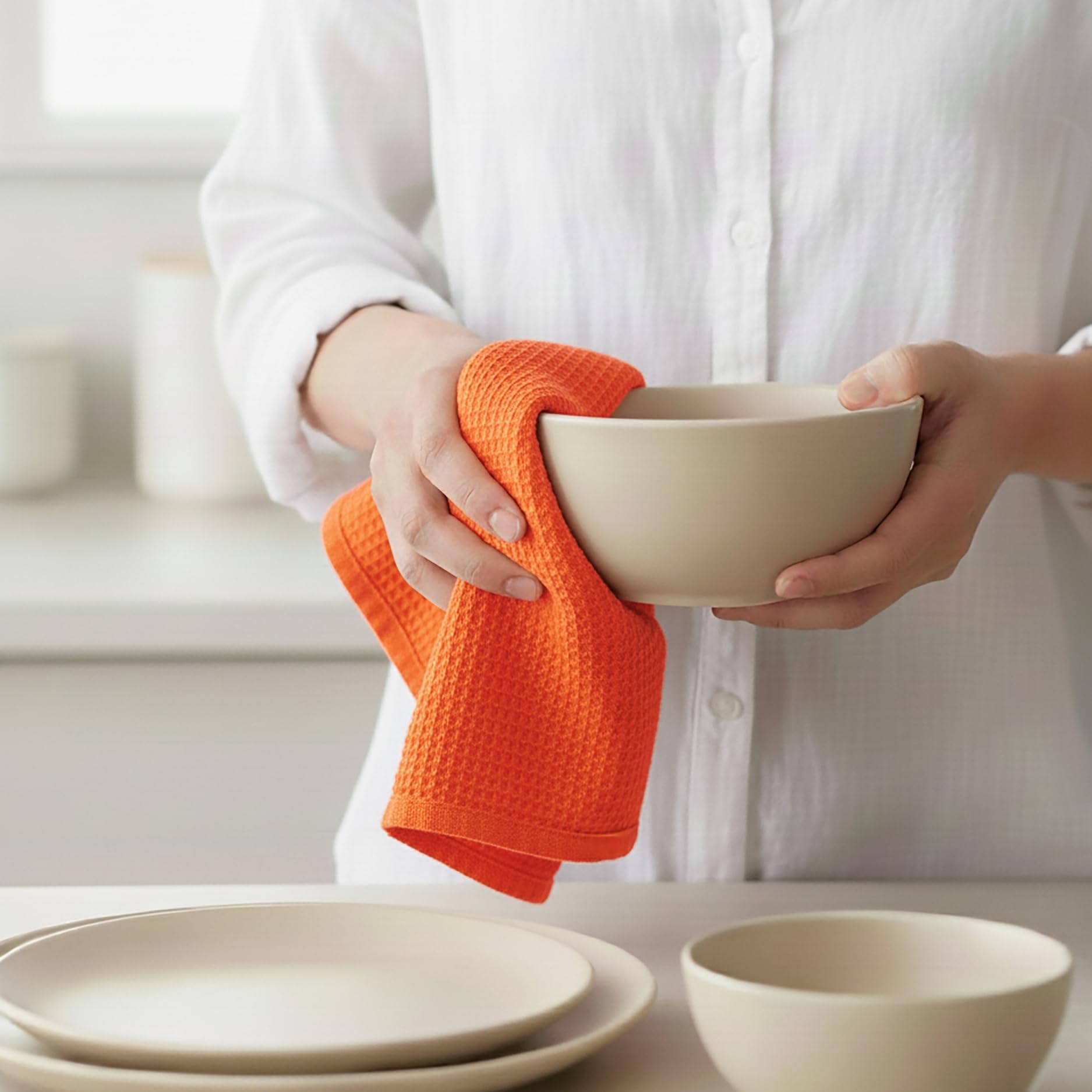 PurpleEssences Waffle Weave Kitchen Towel, 100% Cotton - 15x25 Inches with Hanging Loop, Ultra Soft Absorbent Quick Drying Dish Cloth, Tea and Hand Towels, 4 Pack - Spring Easter Summer - Orange