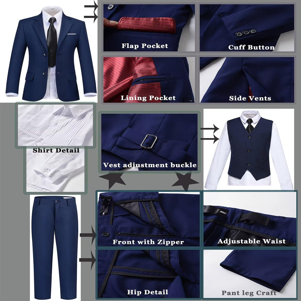 Boys Suit Slim 6 Piece Formal Kids Tux Suits Prom Boy Outfit Navy Blue 16