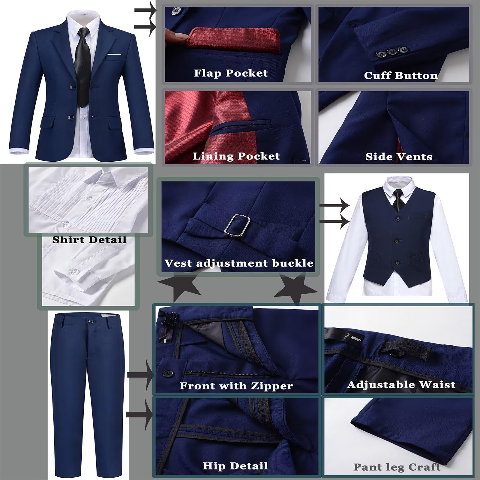 Boys Suit Slim 6 Piece Formal Kids Tux Suits Prom Boy Outfit Navy Blue 16