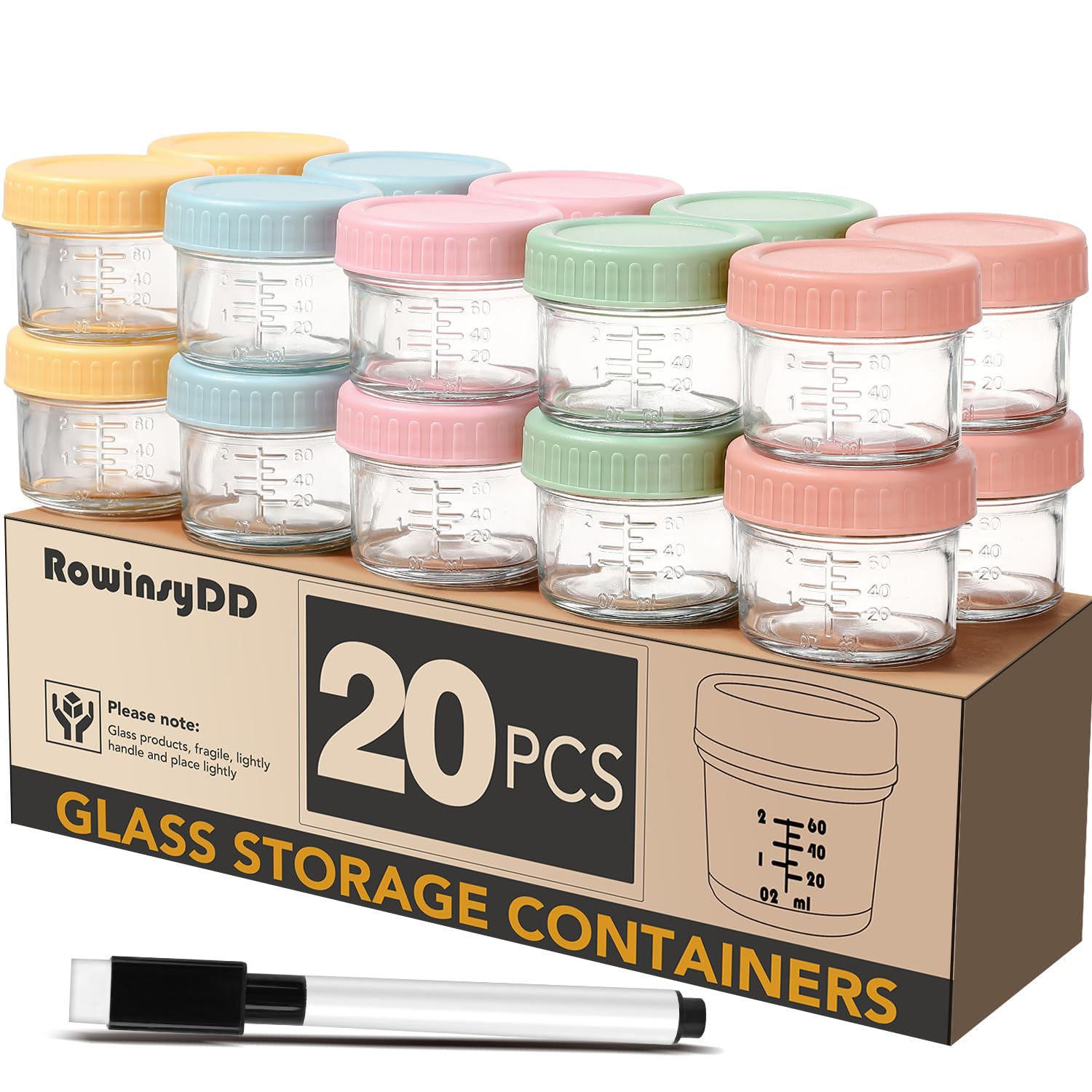 RowinsyDD 20 Pack Glass Baby Food Storage Containers, 4 oz Leakproof Baby Food Jars with Lids, Small Glass Food Containers for Infant Baby, Freezer & Microwave Safe, BPA Free