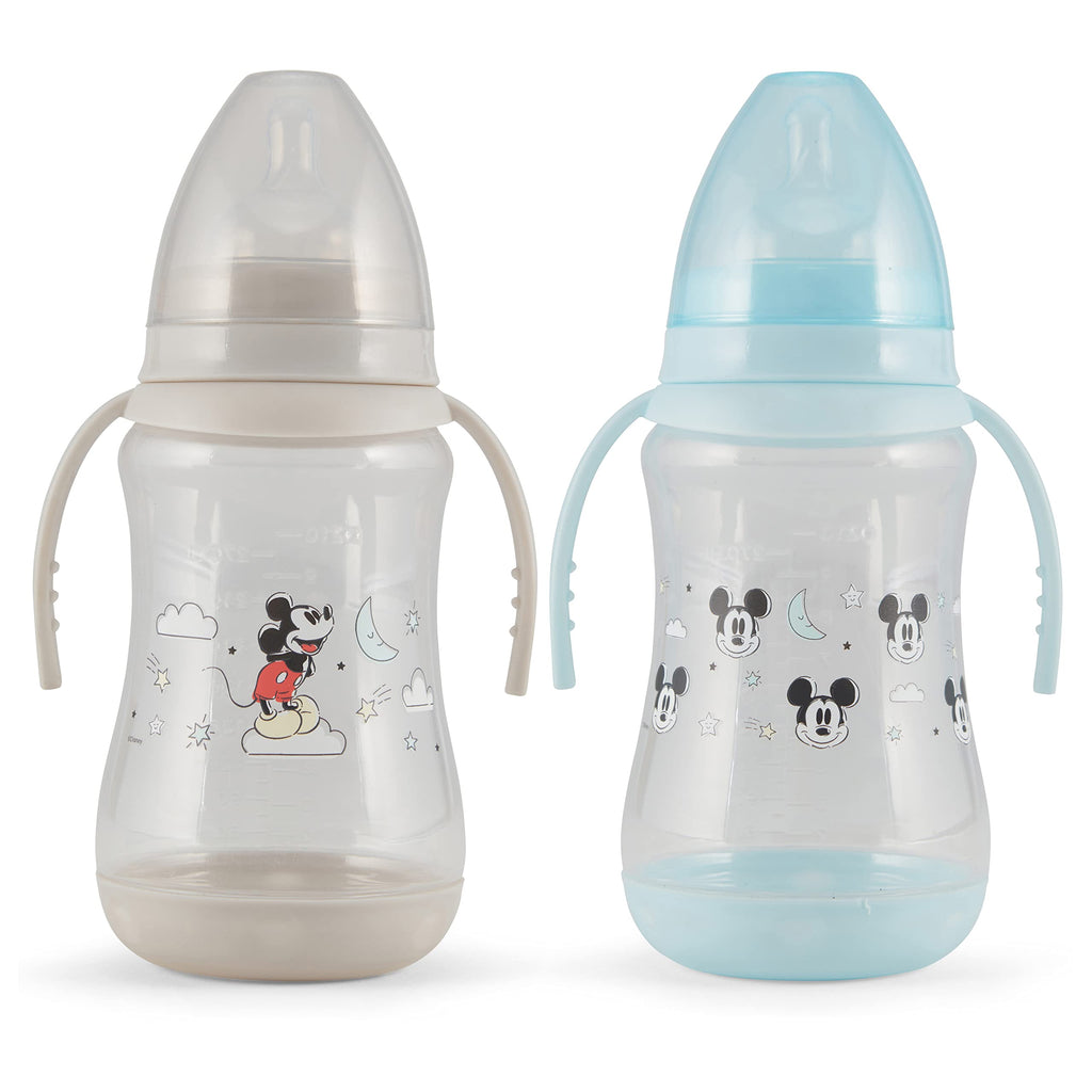 Disney 2 Pack 10 Ounce Baby Bottles with Character Prints and Colored Covers with Double Handle - BPA Free and Easy to Clean