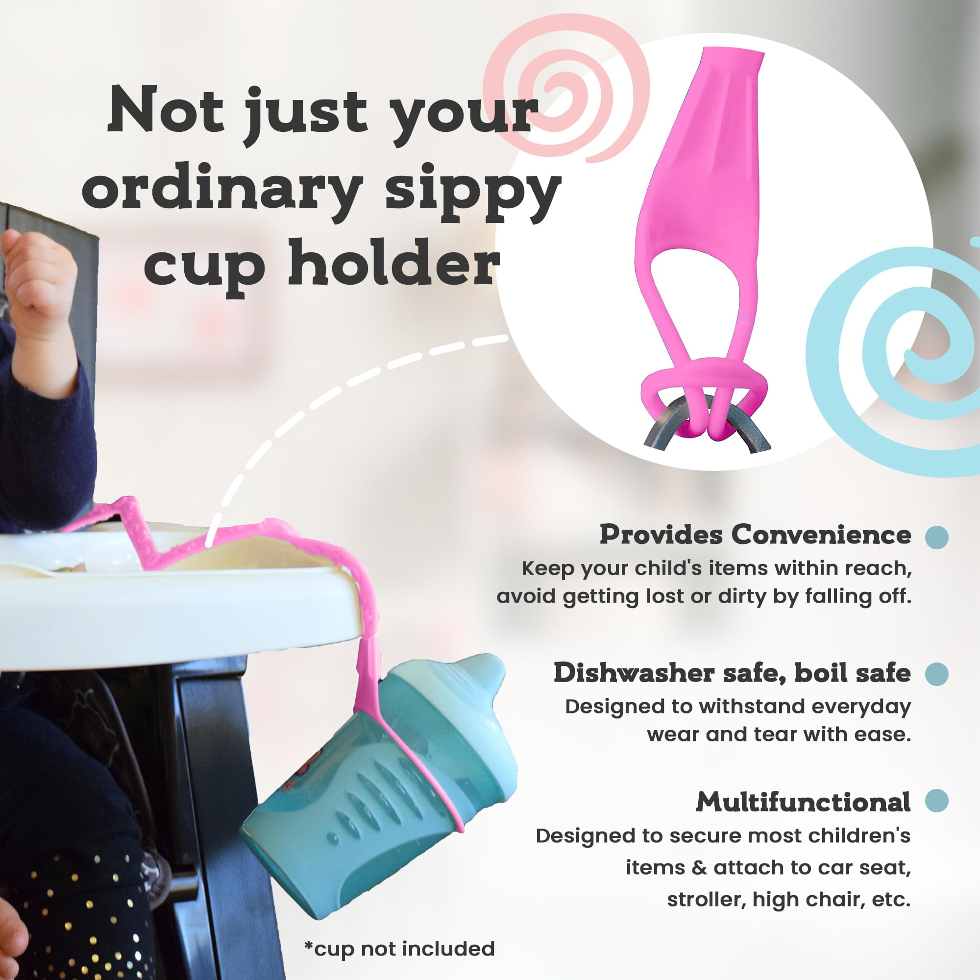 Brilli Baby Cup Catcher Patented Safety Tether Strap, Attach Sippy Cups, Bottles, Pacifiers & More to Stroller, High Chair, Car Seat, Made in USA, Food Grade, Dishwasher Safe, Aqua/Navy
