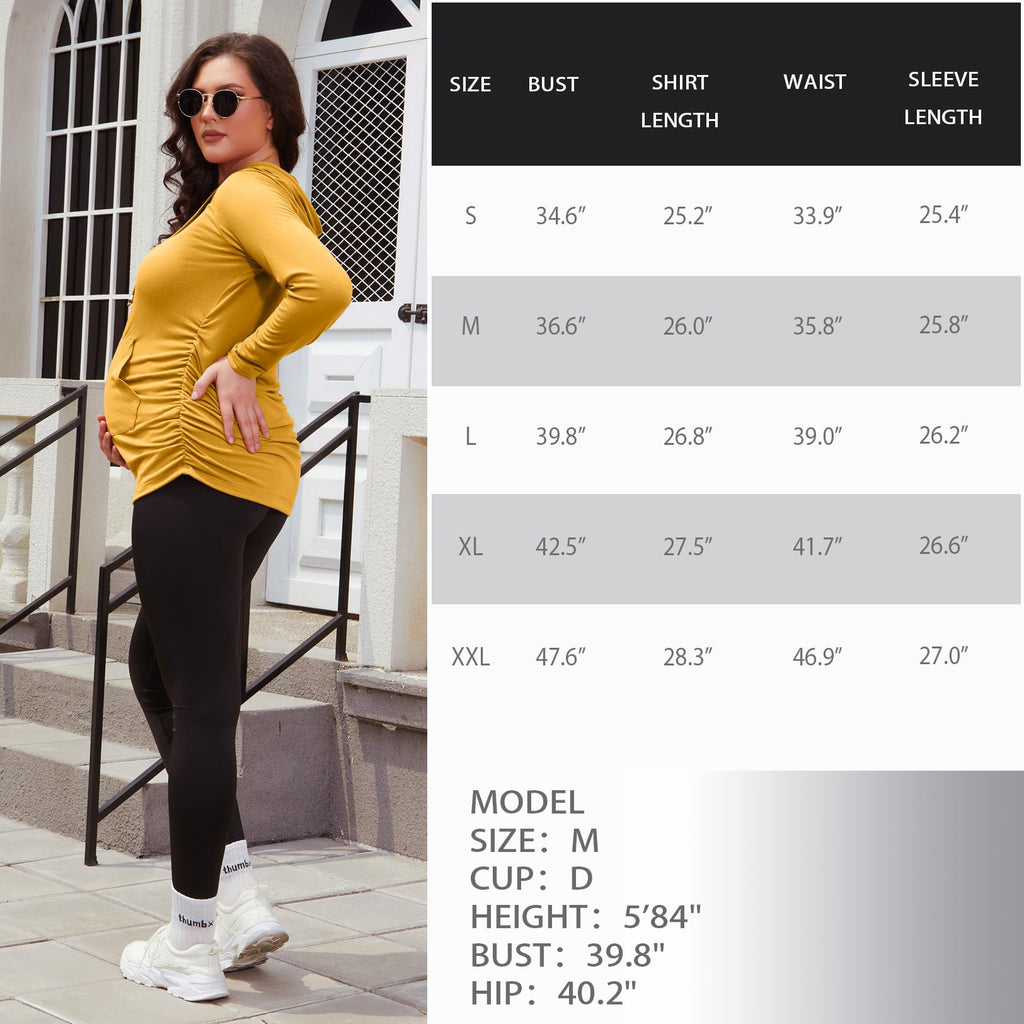 GINKANA Maternity Pullover Shirts Long Sleeve Hoodie with Pocket Ruched Maternity Casual Hoodie,Dark Yellow,XXL