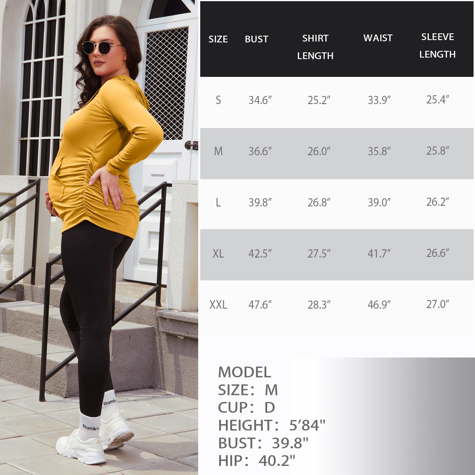 GINKANA Maternity Pullover Shirts Long Sleeve Hoodie with Pocket Ruched Maternity Casual Hoodie,Dark Yellow,XXL