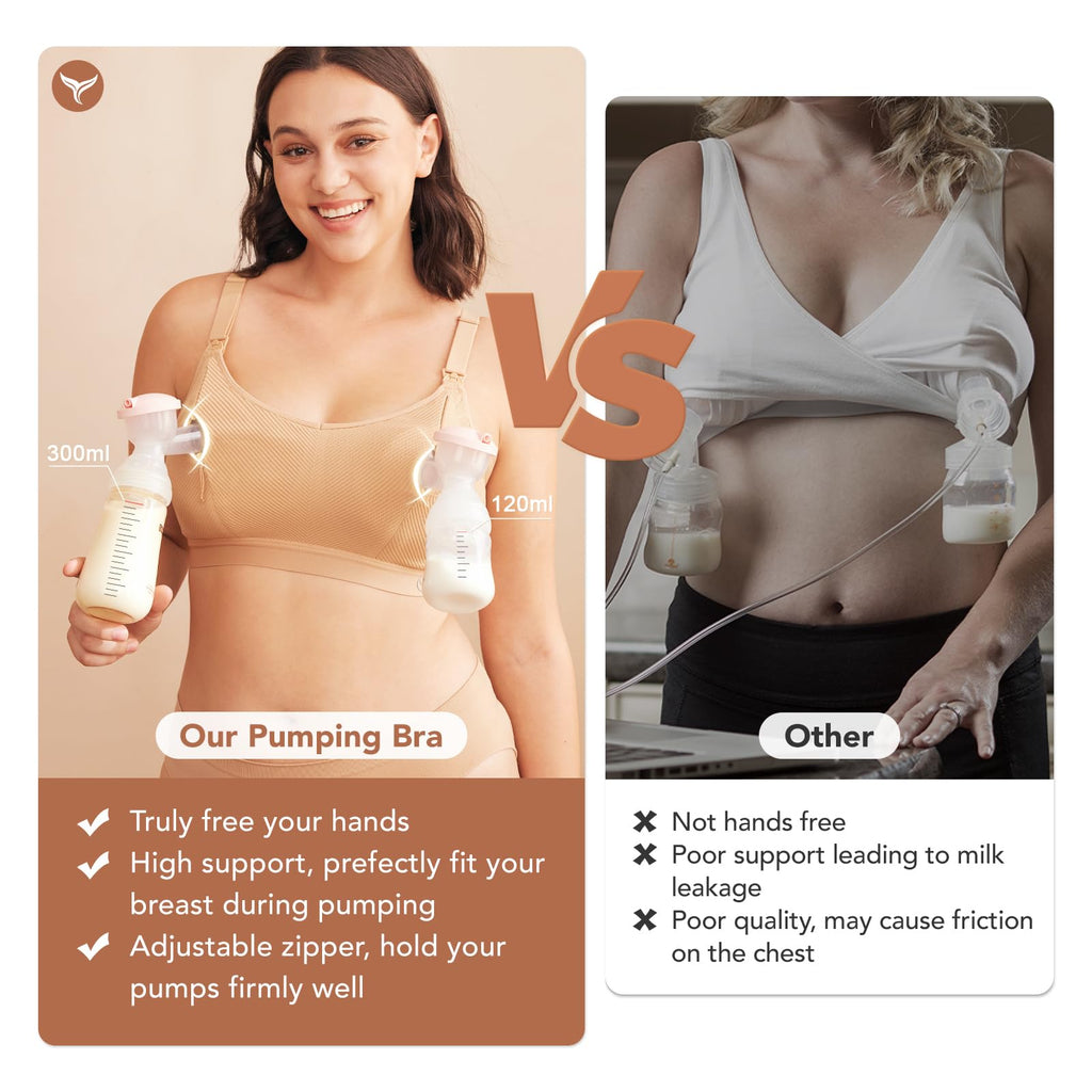 Pumping Bra Hands Free Zip Opening Design Seamless Nursing Bras for Breastfeeding High Support Nursing & Pumping Bra in One Beige M