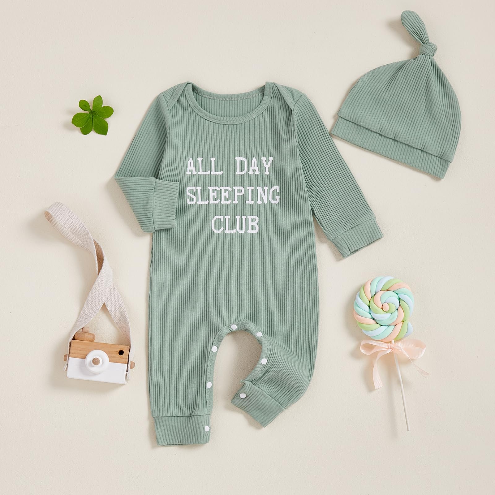 Fernvia Newborn Baby Boy Clothes Letters Print Bodysuit 3 6 9 12 18 Months Long Sleeve Jumpsuit with Hat 2PCS Outfits Set (A Green, 3-6 Months)