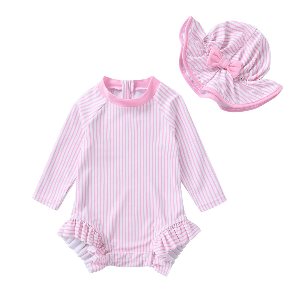 Infant Baby Girl Swimsuit One-Piece Long Sleeve Rash Guard with Hat Set Floral Zipper Bathing Suit Leopard Beach Wear(Pink,18-24 Months)