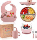 Toddler Plates and Bowls Set Stainless Steel - Bathchef Baby Feeding Set Strong Suction, BPA Free Durable Divided Plates, Safe Self Baby Feeding Utensils,Cup,Spoon,Fork,Dishwasher Safe,6pcs,Pink
