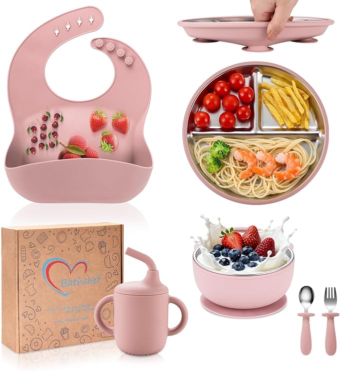 Toddler Plates and Bowls Set Stainless Steel - Bathchef Baby Feeding Set Strong Suction, BPA Free Durable Divided Plates, Safe Self Baby Feeding Utensils,Cup,Spoon,Fork,Dishwasher Safe,6pcs,Pink