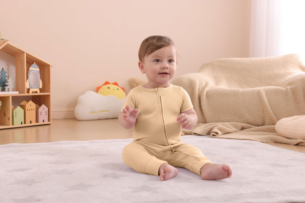 GUISBY Baby Cotton Footless Zipper Pajamas, Beige+Pink, 3-6M