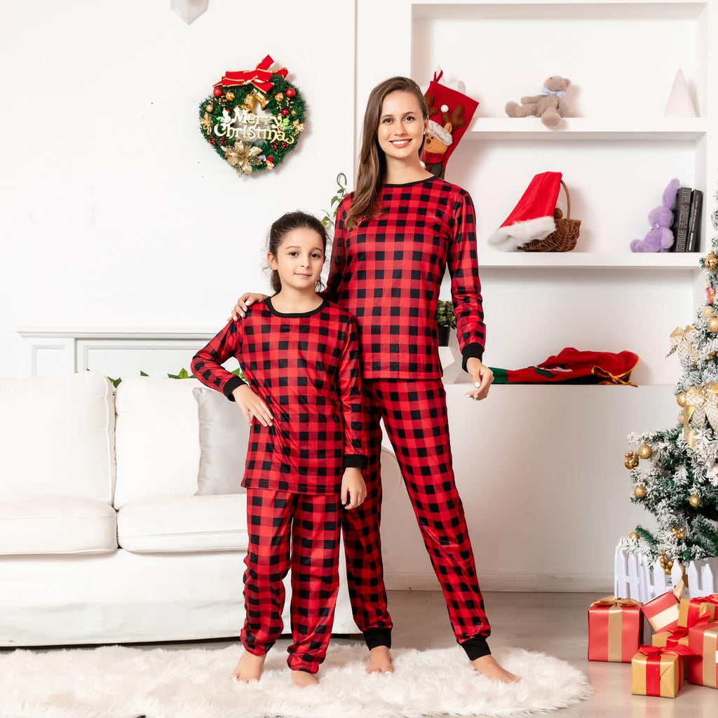 Schbbbta Kids Christmas Plaid Pajamas Boys Girls Button Down Sleepwear Pjs Set, Black Red Plaid, 9-10 Years=Tag 150