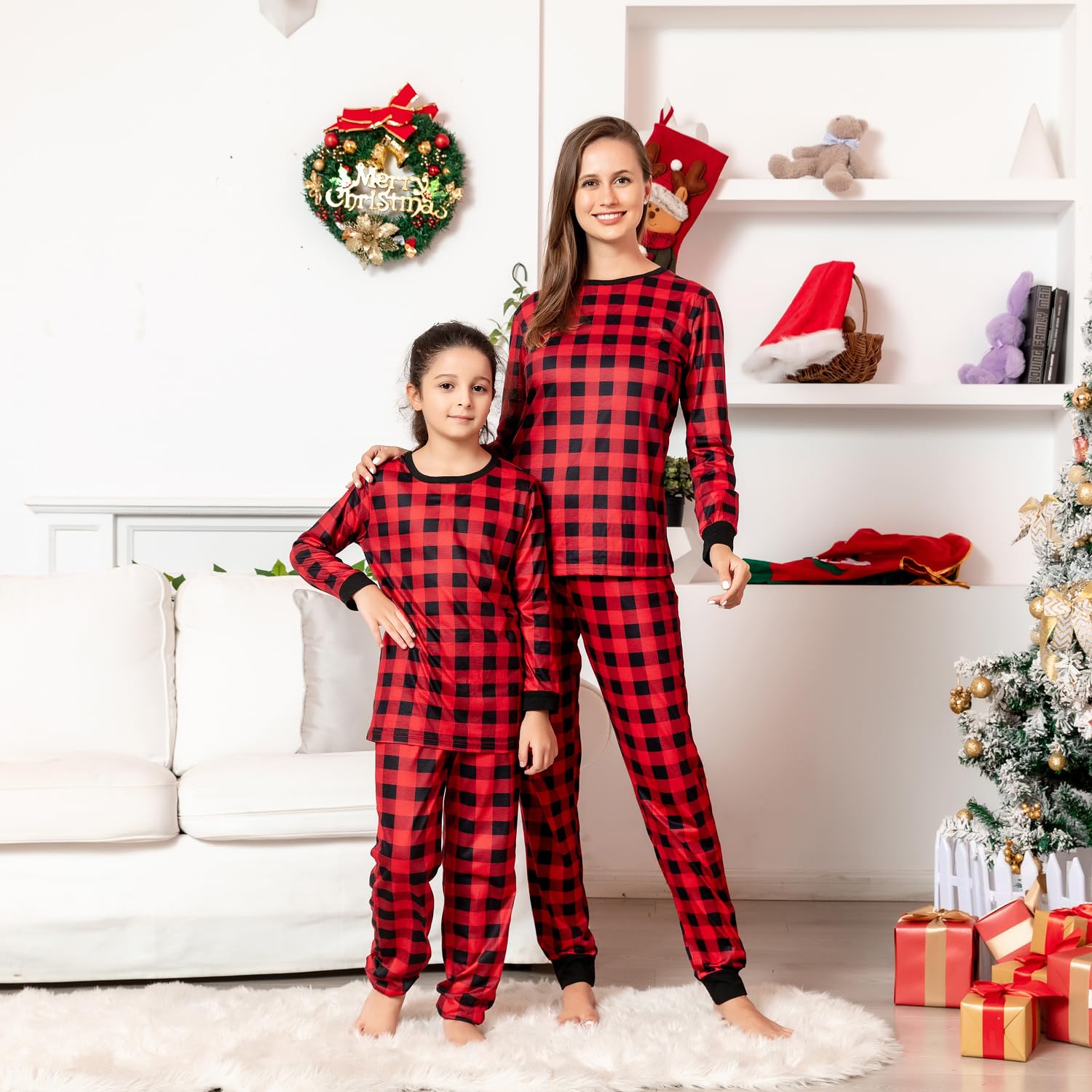 Schbbbta Kids Christmas Plaid Pajamas Boys Girls Button Down Sleepwear Pjs Set, Black Red Plaid, 9-10 Years=Tag 150