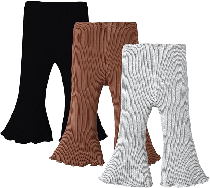 SOBOWO Toddler Baby Girl Flare Pants 3 Pack Solid Ribbed Ruffle Bell Bottoms Pants Fall Outfits(Black/Caramel/Gray, 2-3T)