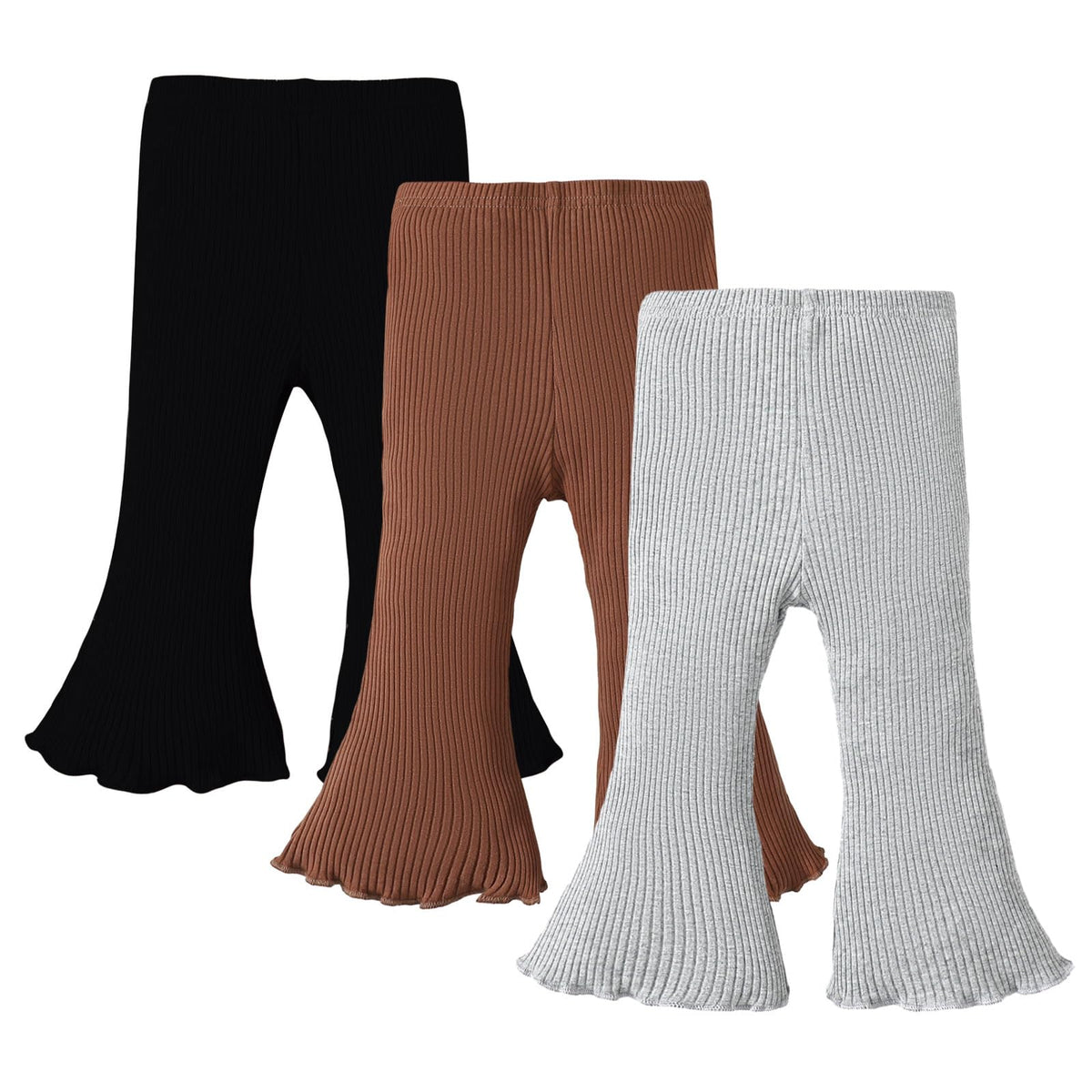 SOBOWO Toddler Baby Girl Flare Pants 3 Pack Solid Ribbed Ruffle Bell Bottoms Pants Fall Outfits(Purple/White/Pink, 18-24 Months)