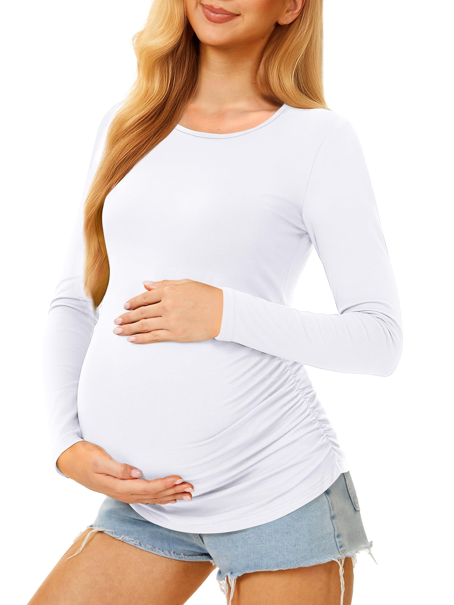 Maternity Shirts Long Sleeve Crew Neck Pregnancy Top for Women, White, M